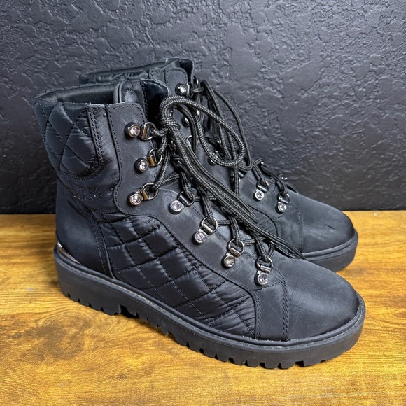 Guess Shoes - GUESS Gwortela Black Quilted Combat Boots Womens 9.5M Lug Sole Rhinestone Eyelet